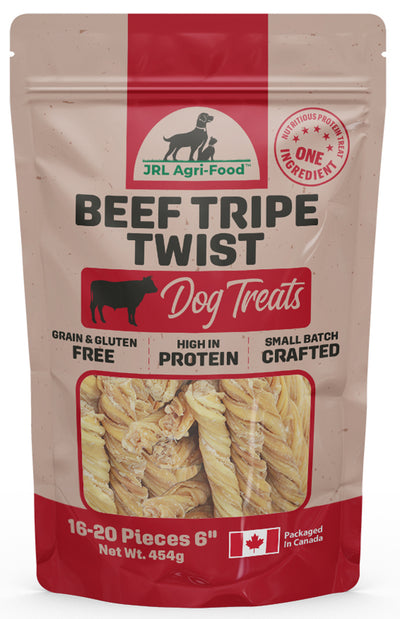 Beef Tripe Twist Dog Treat - 454 grams (16 oz.) 6" Long 16 -20 pieces, Rawhide Alternative,  Chewy, Single Ingredient Flavorful Beef Tripe, Small  to Large Dogs