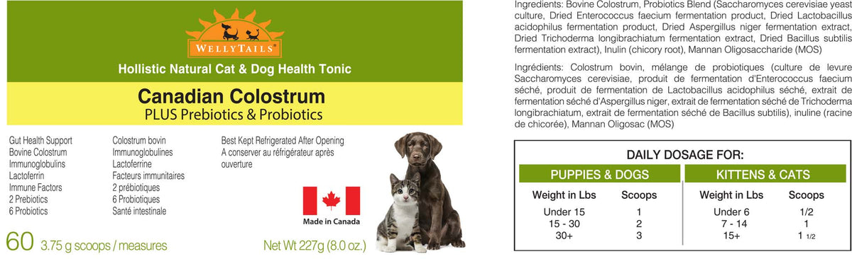 WellyTails Colostrum canadien + probiotiques et prébiotiques