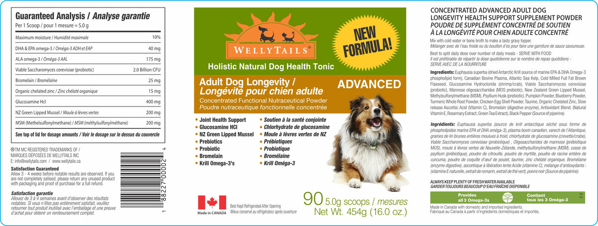 Complément pour chien adulte WellyTails pour la longévité, la santé des articulations, l'immunité et le soutien à la digestion