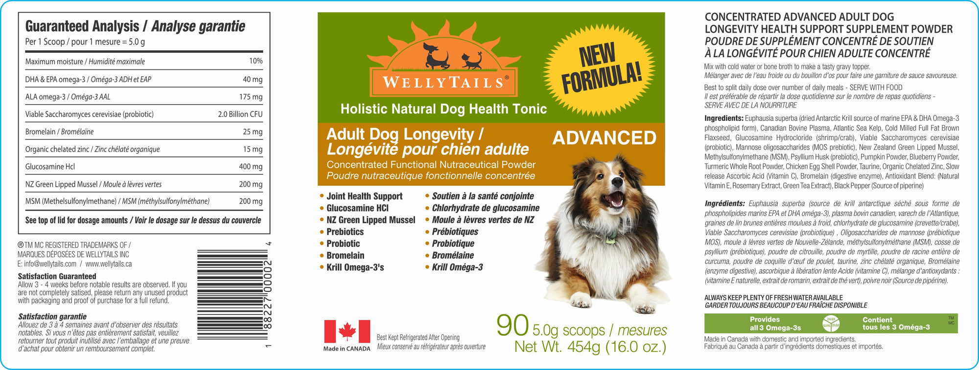 Complément pour chien adulte WellyTails pour la longévité, la santé des articulations, l'immunité et le soutien à la digestion