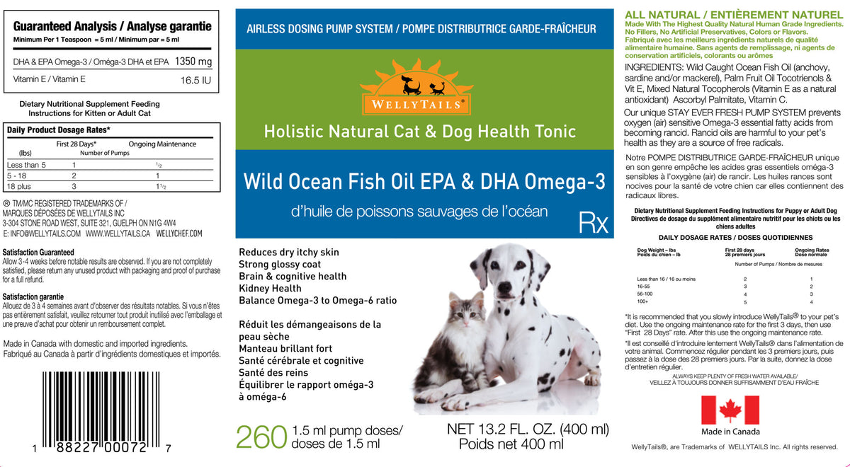 WellyTails Wild Ocean Fish Oil Omega-3 Blend Dog Rx  400mL AIRLESS DOSING PUMP