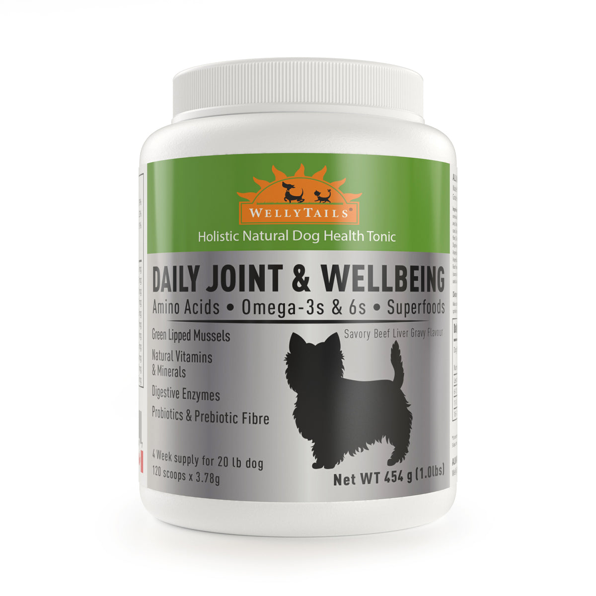 With smaller scoop and dosage chart for small dogs. Has joint health supporting