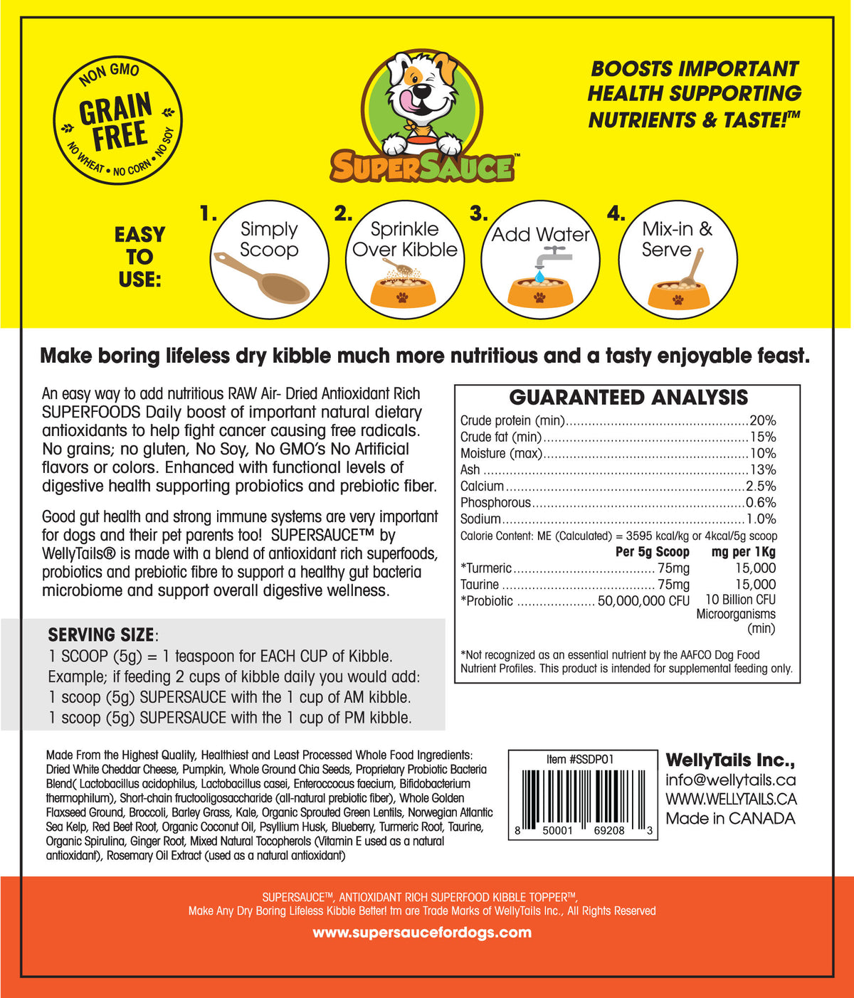 SUPERSAUCE™  White Cheddar Cheese + PROBIOTICS Digestive Health MADE IN CANADA (ingredient list)
