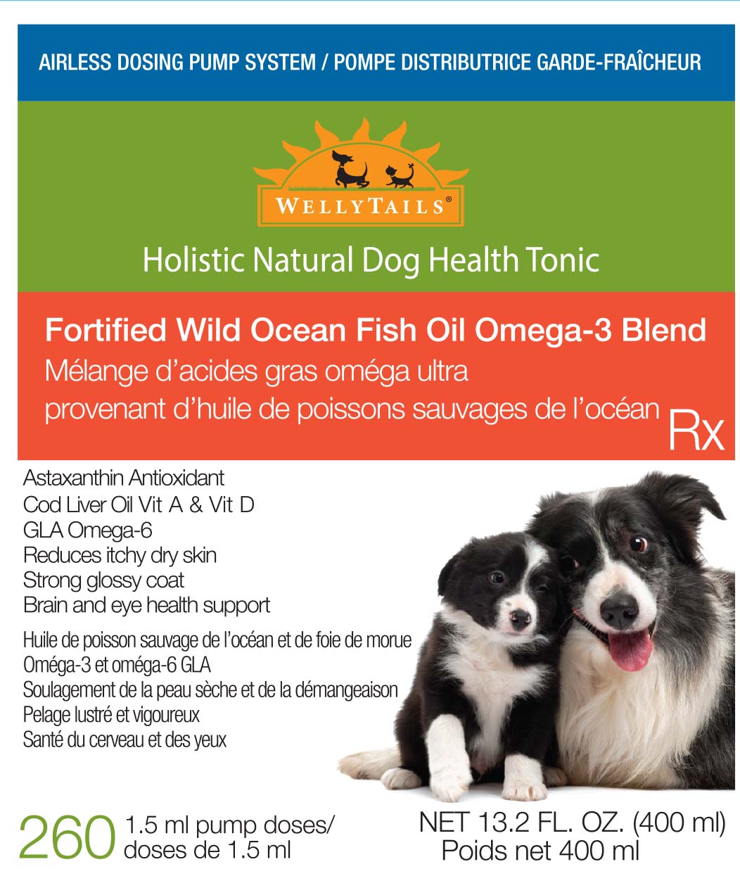 WellyTails Fortified Wild Ocean Fish Oil Omega-3 Blend Dog Rx  400mL AIRLESS DOSING PUMP